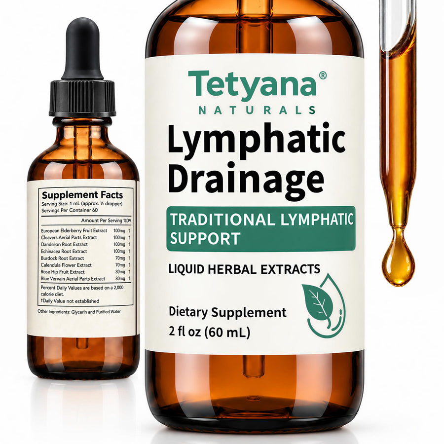 Tetyana naturals Lymphatic Drainage Drops for Bloating & De-Puff 8 Botanical Extracts with Cleavers, Dandelion & Echinacea for Lymphatic System Support & Fluid Balance, Alcohol-Free, 2 Fl Oz